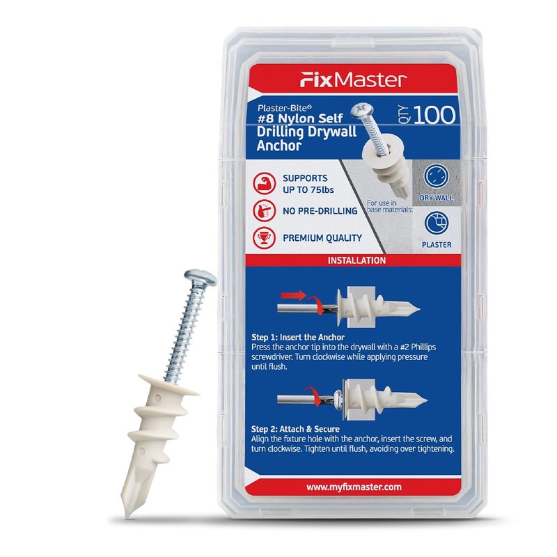 FixMaster Nylon Self-Drilling Drywall Anchors w/Screws (100 Anchors & 100 Screws) – Premium Nylon 66 Hollow Wall Anchors for 3/8"-5/8" Drywall – Shock-Resistant Hold, Easy Install - 75lb Holding Strength - Image 1